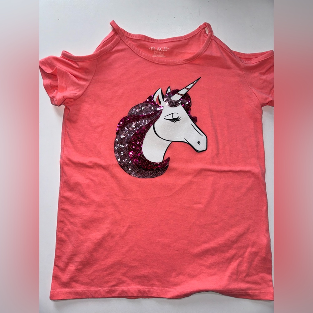 THE Children's Place Unicorn short sleeve top with cutout shoulder 10/12 sequin